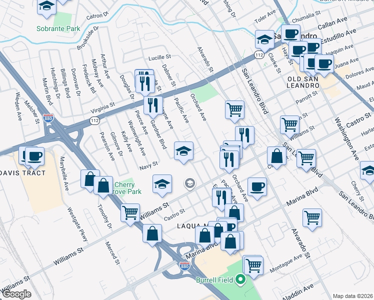 map of restaurants, bars, coffee shops, grocery stores, and more near 1644 Wayne Avenue in San Leandro