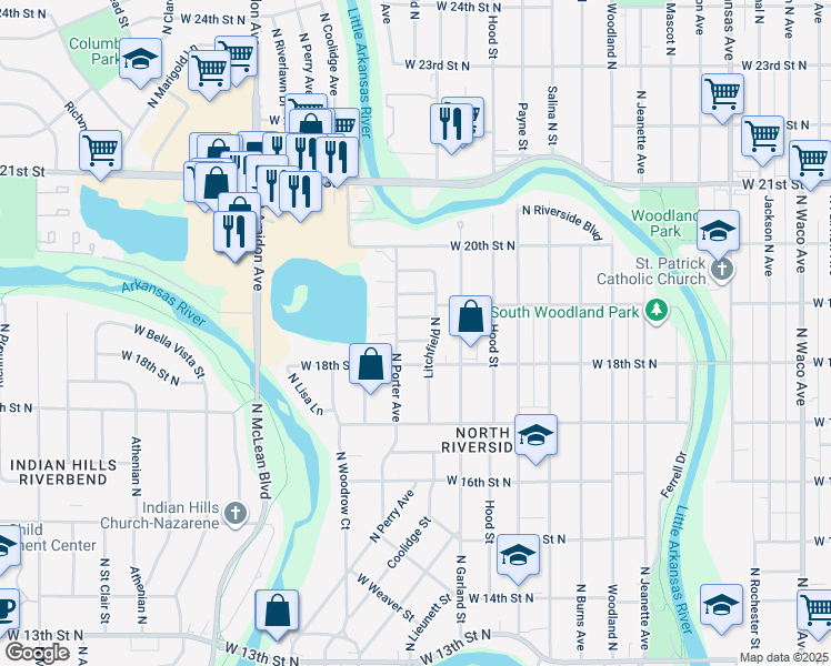 map of restaurants, bars, coffee shops, grocery stores, and more near 1533 West Arizona Street in Wichita
