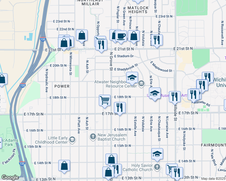 map of restaurants, bars, coffee shops, grocery stores, and more near 1922 North Grove Street in Wichita