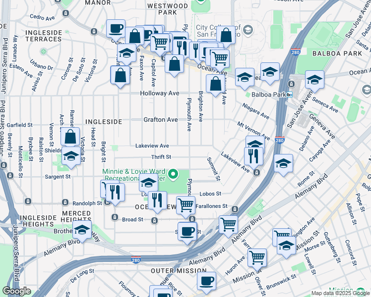 map of restaurants, bars, coffee shops, grocery stores, and more near 124 Thrift Street in San Francisco