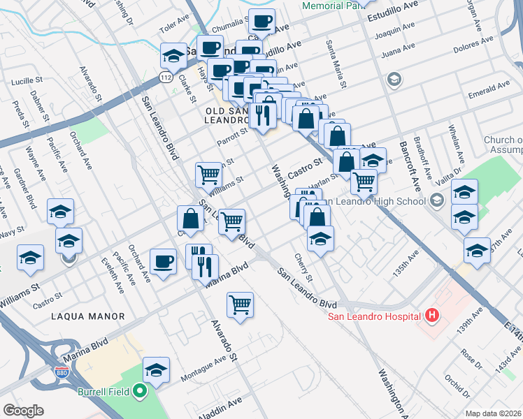 map of restaurants, bars, coffee shops, grocery stores, and more near 360 Harlan Street in San Leandro