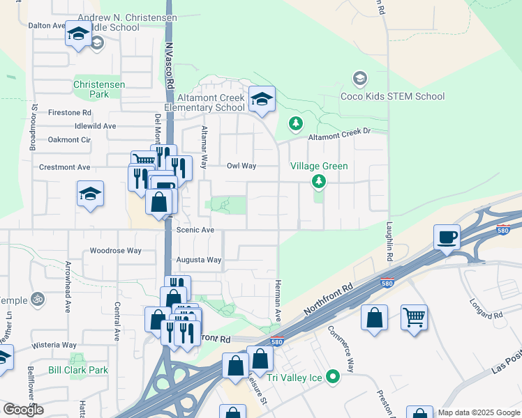 map of restaurants, bars, coffee shops, grocery stores, and more near 6432 Laurel Creek Place in Livermore
