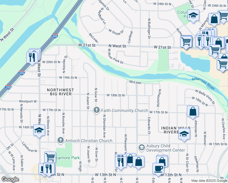 map of restaurants, bars, coffee shops, grocery stores, and more near 1910 Mount Carmel Street in Wichita