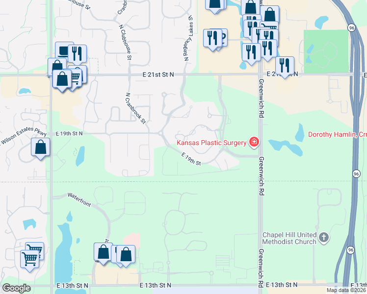 map of restaurants, bars, coffee shops, grocery stores, and more near East 19th Street in Wichita