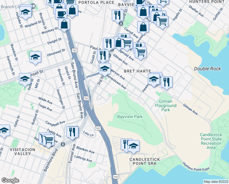 map of restaurants, bars, coffee shops, grocery stores, and more near 890 Le Conte Avenue in San Francisco