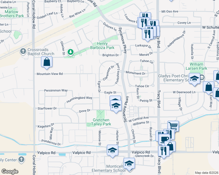 map of restaurants, bars, coffee shops, grocery stores, and more near 1445 Yorkshire Loop in Tracy