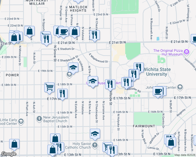 map of restaurants, bars, coffee shops, grocery stores, and more near 1901 North Lorraine in Wichita