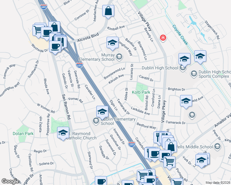 map of restaurants, bars, coffee shops, grocery stores, and more near 8190 Tamarack Drive in Dublin