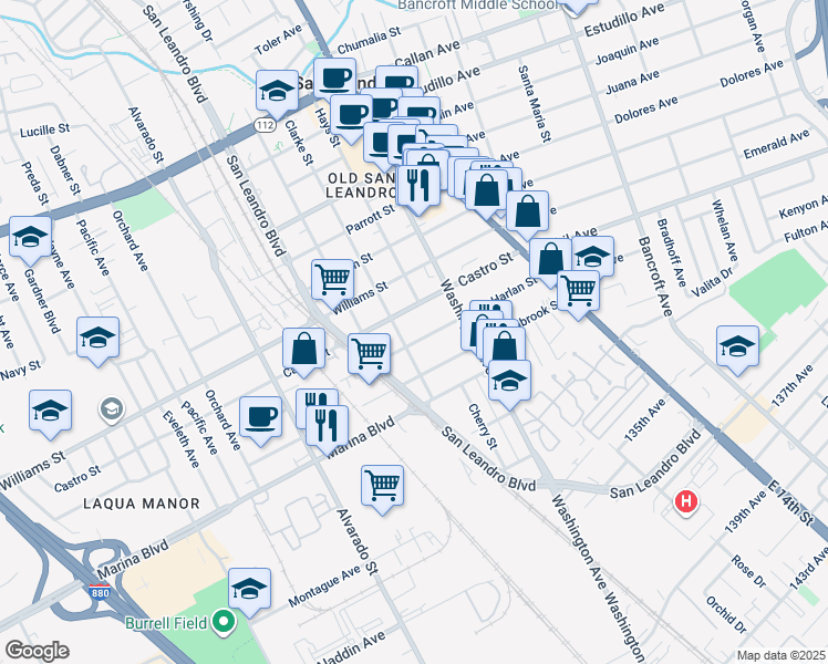 map of restaurants, bars, coffee shops, grocery stores, and more near 383 Harlan Street in San Leandro
