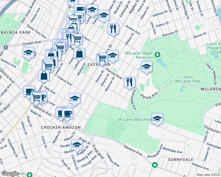 map of restaurants, bars, coffee shops, grocery stores, and more near 619 Moscow Street in San Francisco