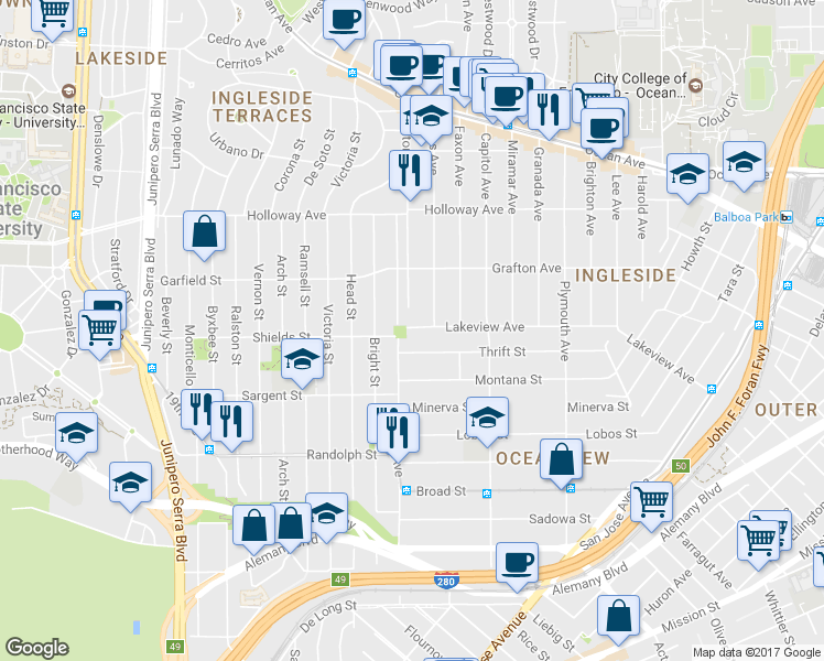 map of restaurants, bars, coffee shops, grocery stores, and more near 268 Thrift Street in San Francisco