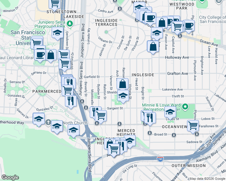 map of restaurants, bars, coffee shops, grocery stores, and more near 270 Vernon Street in San Francisco