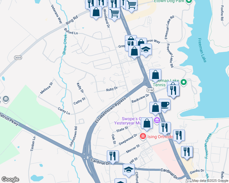 map of restaurants, bars, coffee shops, grocery stores, and more near Elizabethtown Bypass in Elizabethtown