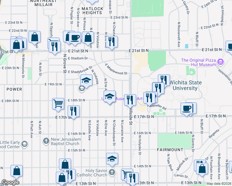 map of restaurants, bars, coffee shops, grocery stores, and more near 1901 North Lorraine in Wichita