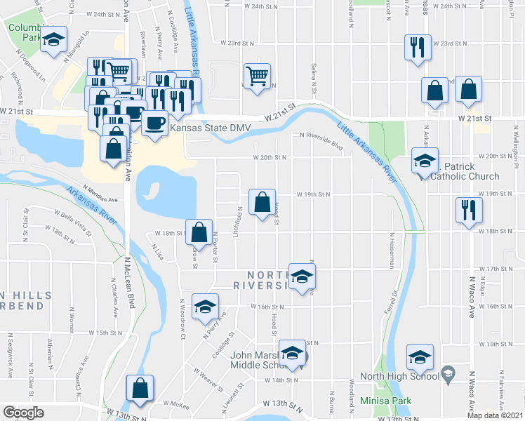 map of restaurants, bars, coffee shops, grocery stores, and more near 1318 West 18th Street North in Wichita