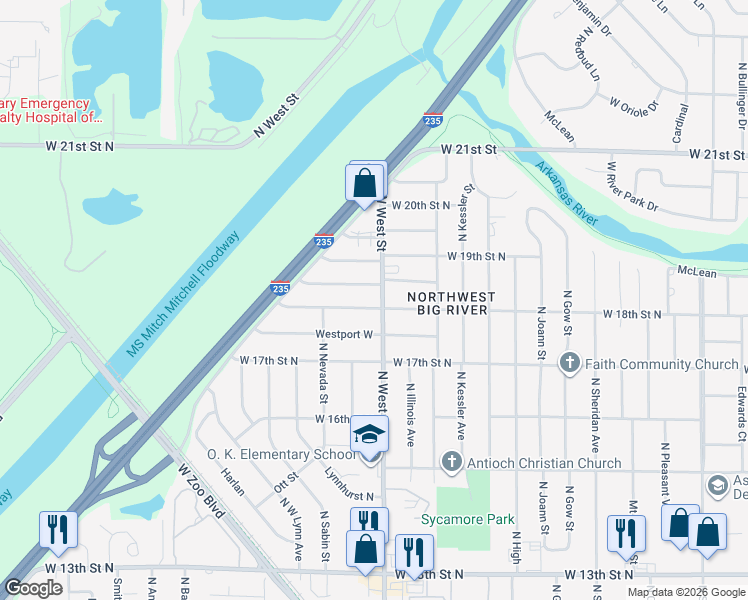 map of restaurants, bars, coffee shops, grocery stores, and more near 4013 West 18th Street North in Wichita