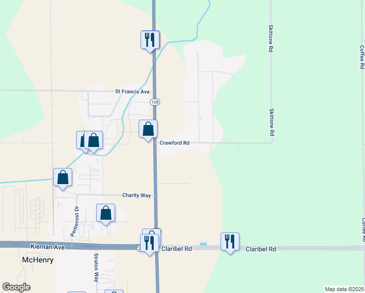 map of restaurants, bars, coffee shops, grocery stores, and more near 212 Crawford Road in Modesto