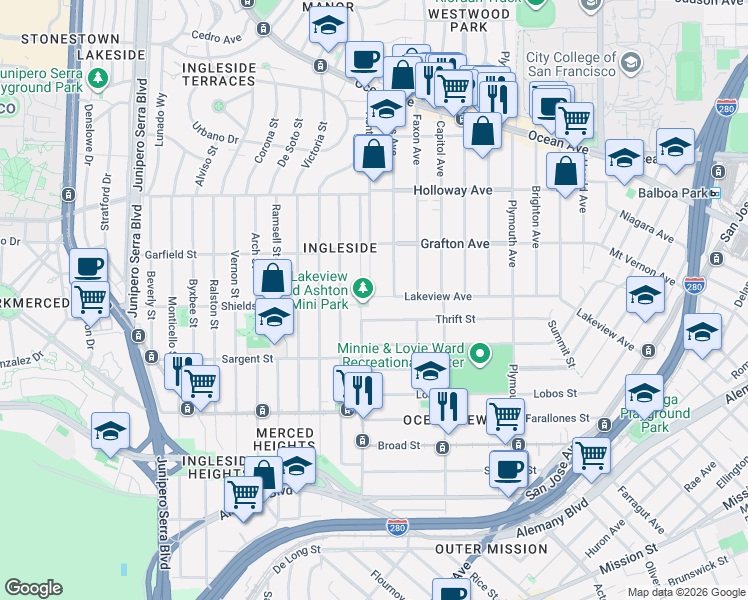 map of restaurants, bars, coffee shops, grocery stores, and more near 268 Thrift Street in San Francisco