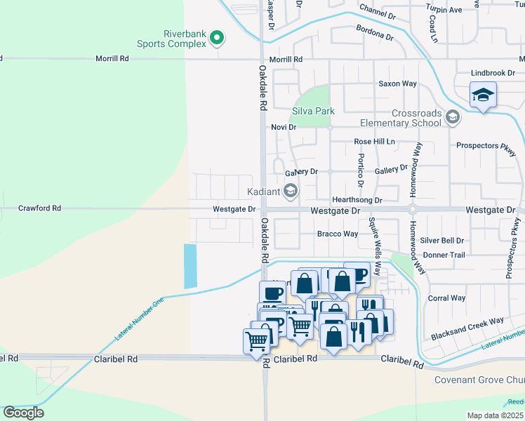 map of restaurants, bars, coffee shops, grocery stores, and more near Crawford Road in Modesto