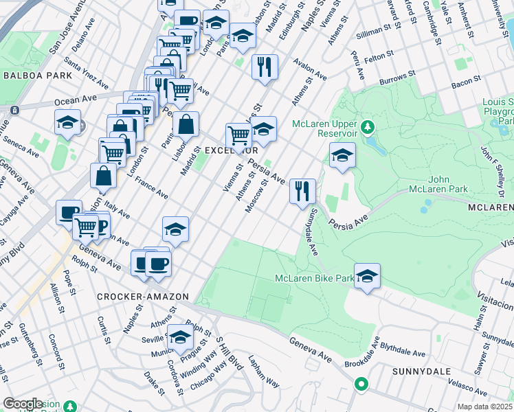 map of restaurants, bars, coffee shops, grocery stores, and more near 619 Moscow Street in San Francisco