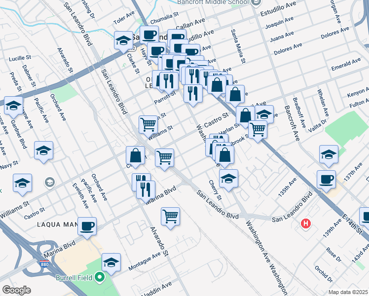 map of restaurants, bars, coffee shops, grocery stores, and more near 360 Harlan Street in San Leandro