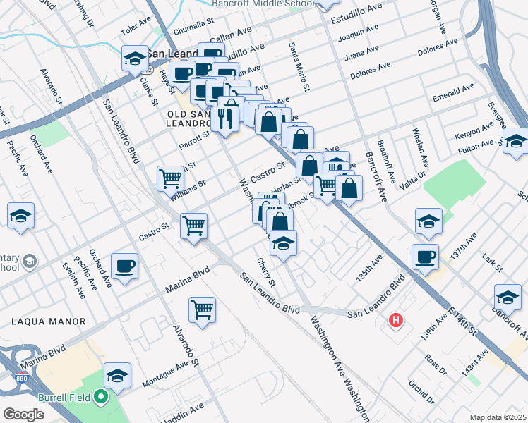 map of restaurants, bars, coffee shops, grocery stores, and more near in San Leandro