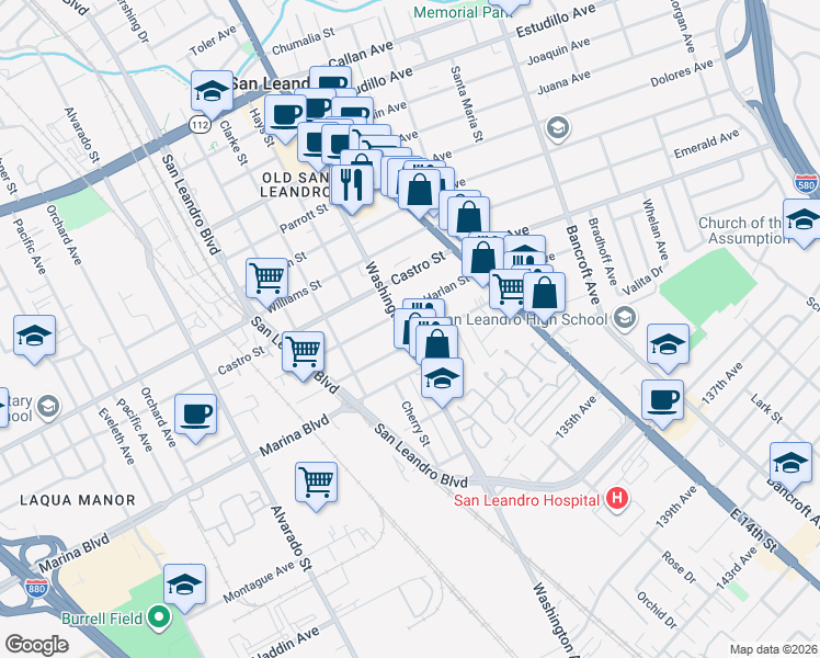 map of restaurants, bars, coffee shops, grocery stores, and more near 2062 Washington Avenue in San Leandro