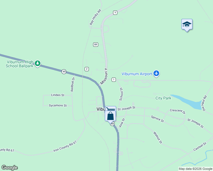 map of restaurants, bars, coffee shops, grocery stores, and more near 37 Missouri 49 in Viburnum