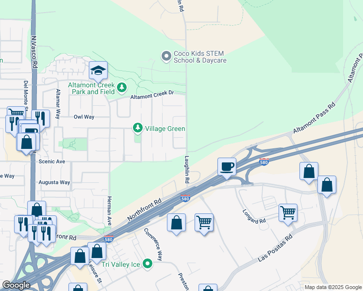 map of restaurants, bars, coffee shops, grocery stores, and more near 6923 Sunridge Drive in Livermore