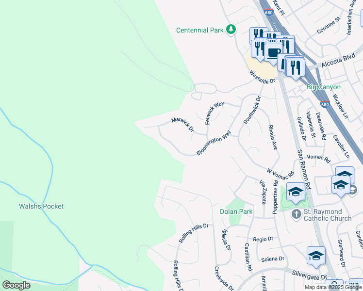 map of restaurants, bars, coffee shops, grocery stores, and more near 11397 Bloomington Way in Dublin