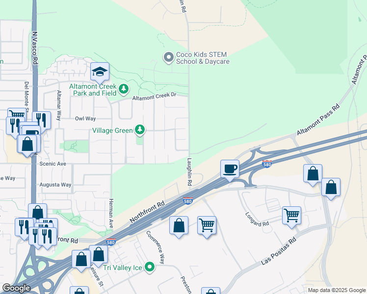 map of restaurants, bars, coffee shops, grocery stores, and more near 6923 Sunridge Drive in Livermore