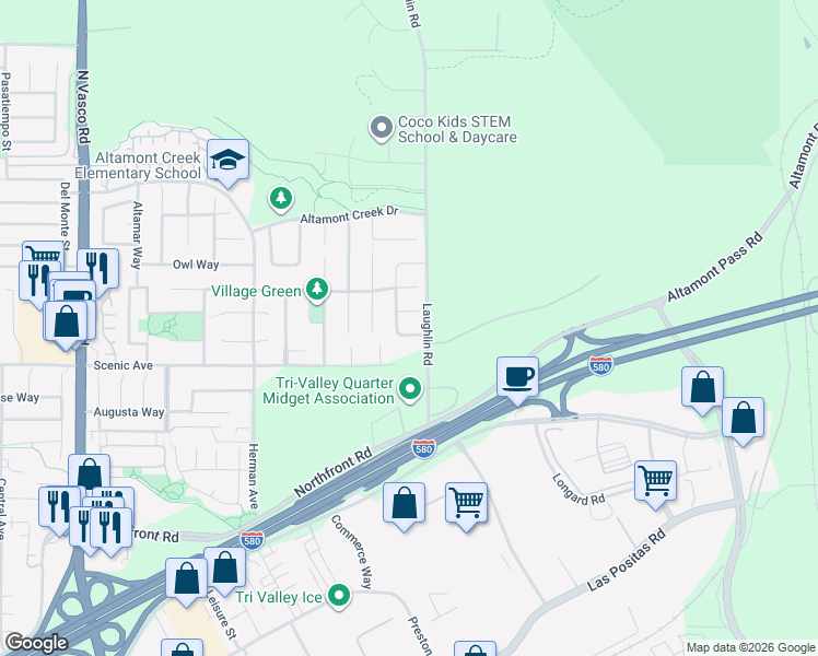 map of restaurants, bars, coffee shops, grocery stores, and more near 6934 Sunridge Drive in Livermore