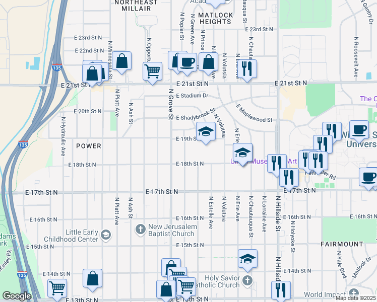 map of restaurants, bars, coffee shops, grocery stores, and more near 2500 East 18th Street North in Wichita