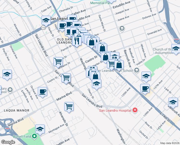 map of restaurants, bars, coffee shops, grocery stores, and more near 2062 Washington Avenue in San Leandro