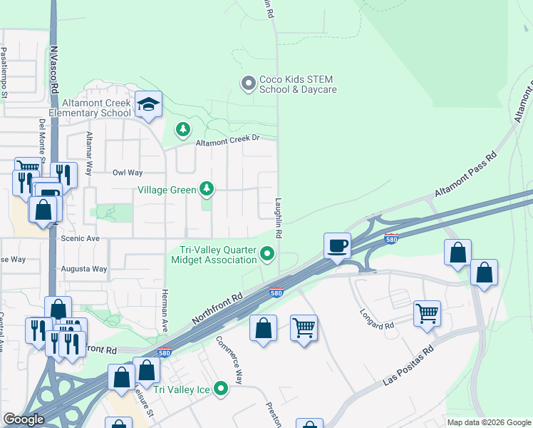 map of restaurants, bars, coffee shops, grocery stores, and more near 6934 Sunridge Drive in Livermore