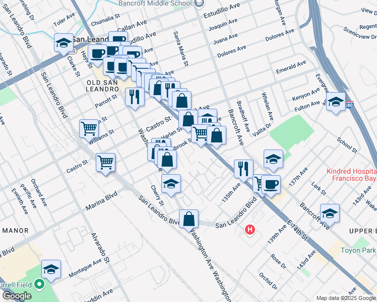 map of restaurants, bars, coffee shops, grocery stores, and more near 2209 Estabrook Circle in San Leandro