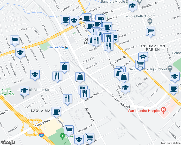 map of restaurants, bars, coffee shops, grocery stores, and more near 591 Castro Street in San Leandro
