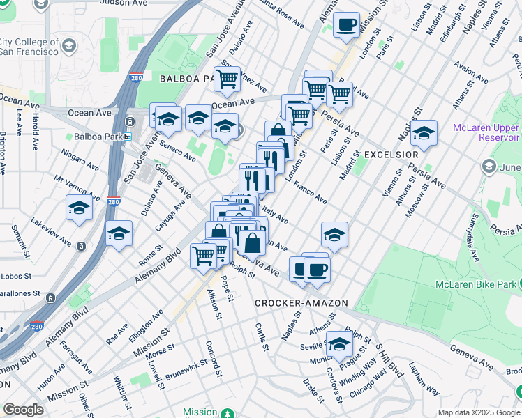 map of restaurants, bars, coffee shops, grocery stores, and more near 743 London Street in San Francisco