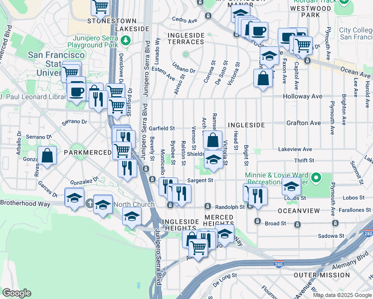 map of restaurants, bars, coffee shops, grocery stores, and more near 279 Ralston Street in San Francisco
