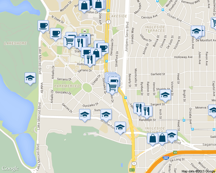 map of restaurants, bars, coffee shops, grocery stores, and more near 16 Castelo Avenue in San Francisco