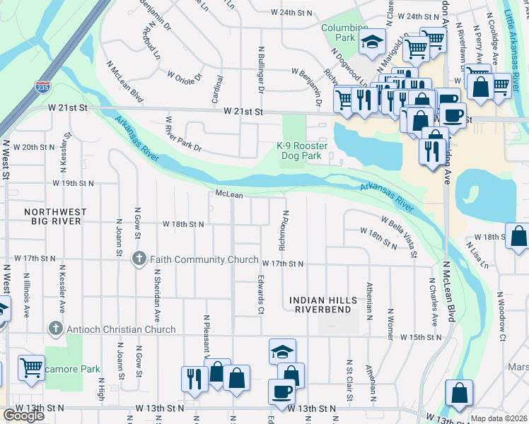 map of restaurants, bars, coffee shops, grocery stores, and more near 2621 W 18th St N in Wichita