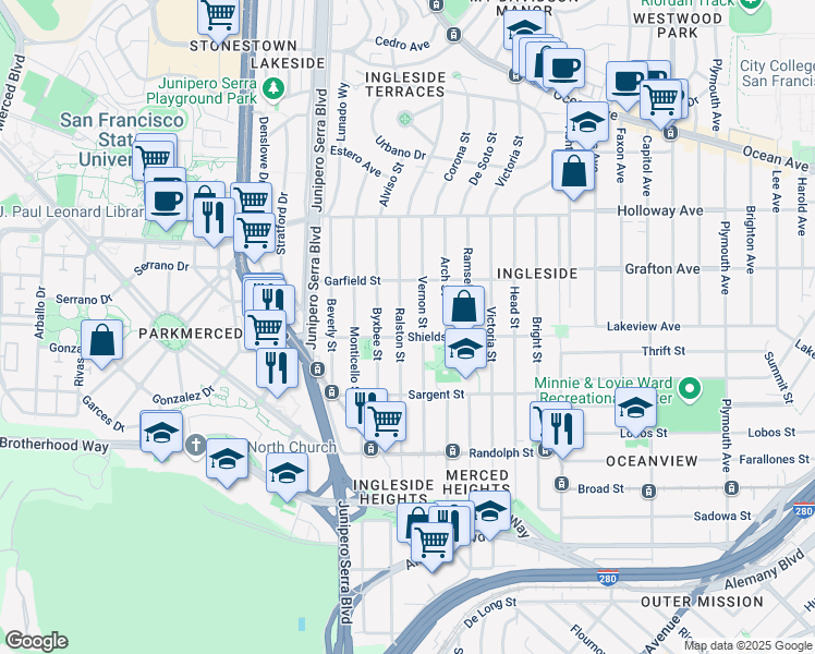 map of restaurants, bars, coffee shops, grocery stores, and more near 279 Ralston Street in San Francisco