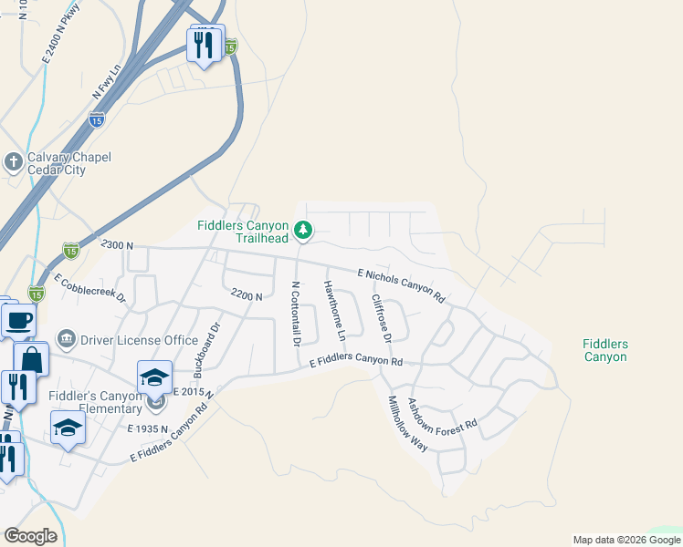 map of restaurants, bars, coffee shops, grocery stores, and more near 2212 Sumack Circle in Cedar City