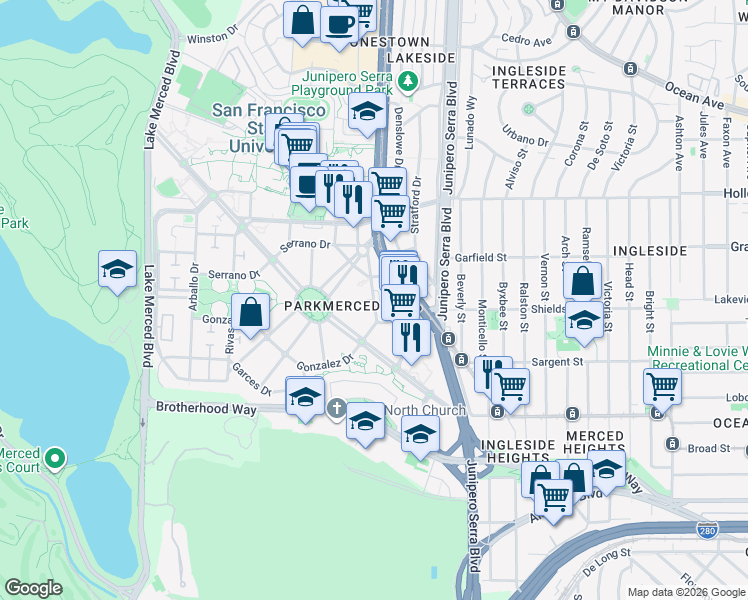 map of restaurants, bars, coffee shops, grocery stores, and more near Gonzalez Dr & Diaz Ave in San Francisco