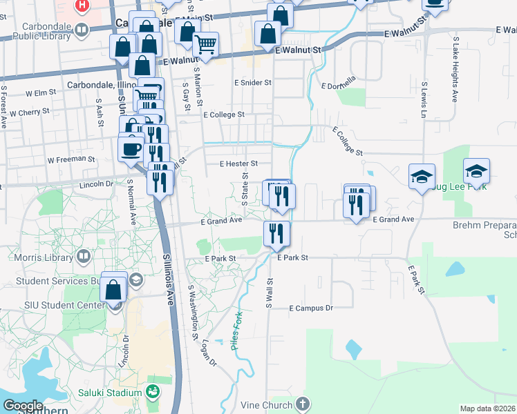 map of restaurants, bars, coffee shops, grocery stores, and more near 410 East Grand Avenue in Carbondale