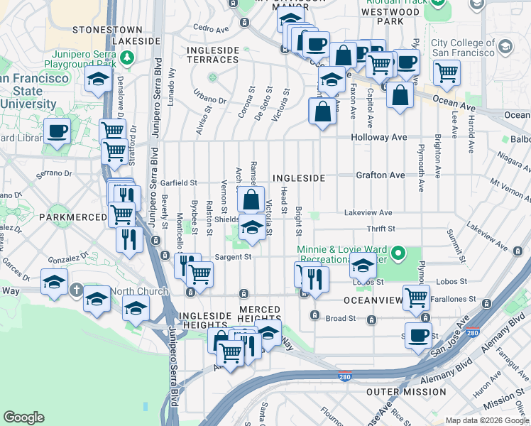 map of restaurants, bars, coffee shops, grocery stores, and more near 415 Victoria Street in San Francisco
