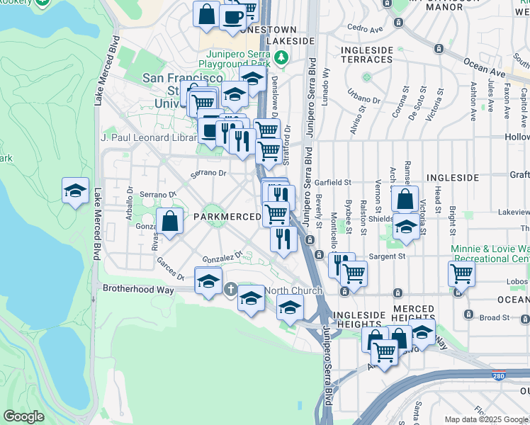 map of restaurants, bars, coffee shops, grocery stores, and more near 16 Castelo Avenue in San Francisco