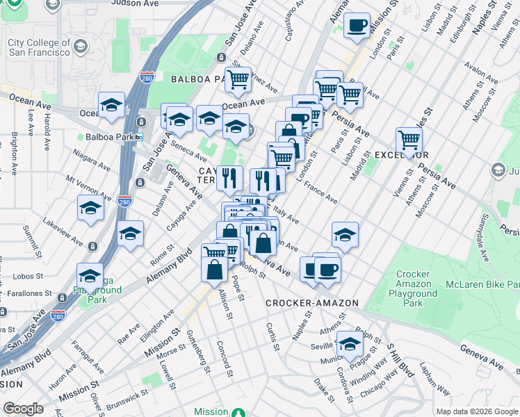 map of restaurants, bars, coffee shops, grocery stores, and more near 5020 Mission Street in San Francisco