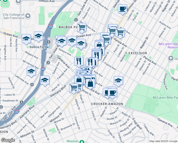 map of restaurants, bars, coffee shops, grocery stores, and more near 5020 Mission Street in San Francisco