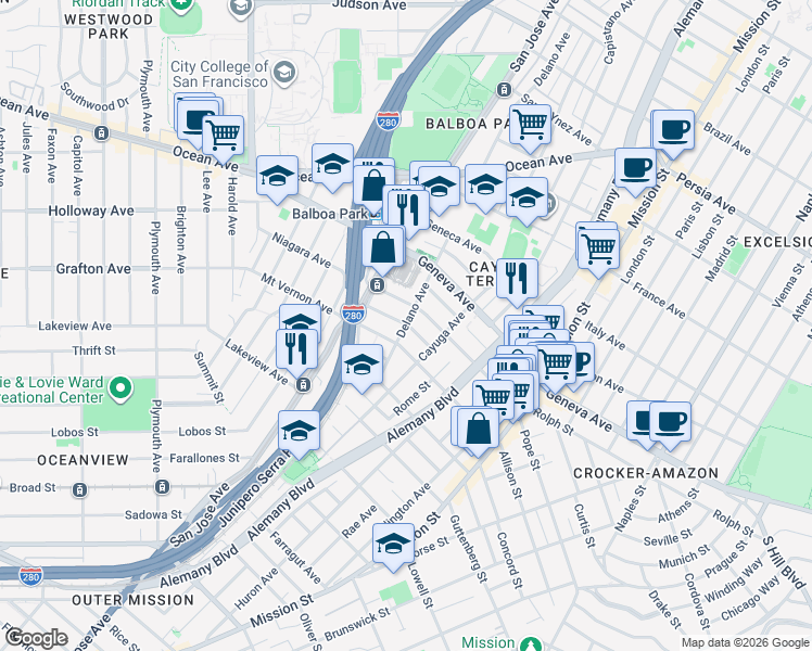 map of restaurants, bars, coffee shops, grocery stores, and more near Delano Ave & Shawnee Ave in San Francisco